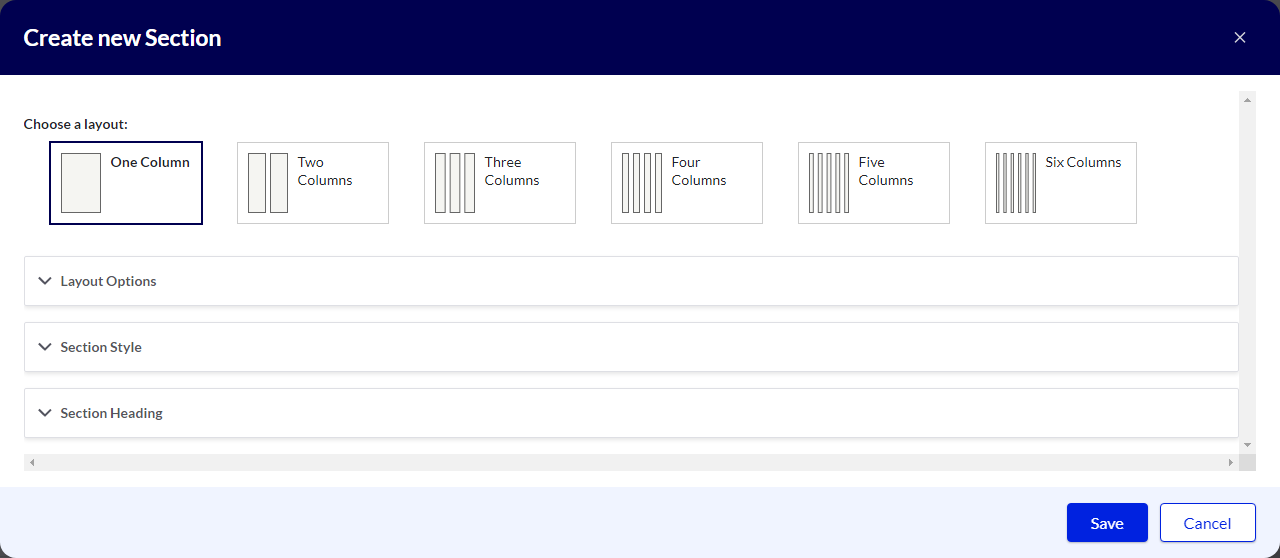 Screenshot displaying the Create new Section modal