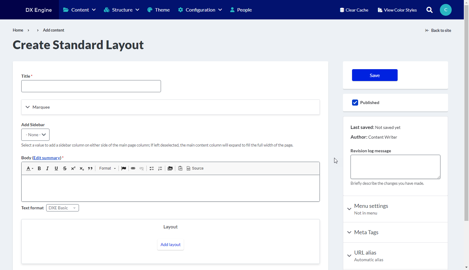 Screenshot of a blank Standard Layout page in edit mode