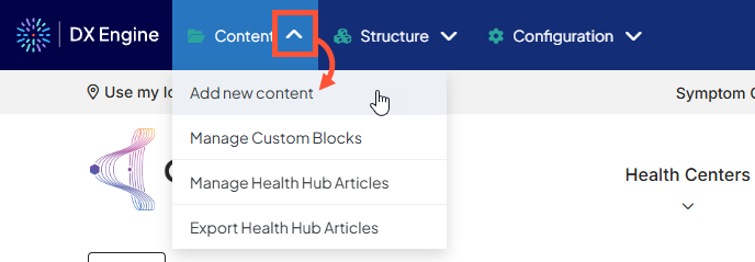 Screenshot of a sample DXE Toolbar in HealthHub. There is an arrow from the Content dropdown arrow pointing to the Add new content option.