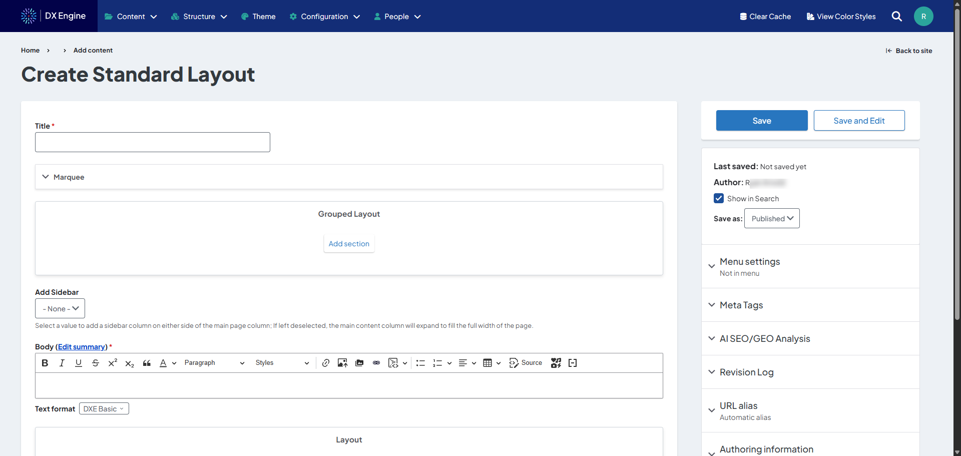 Screenshot of a sample Create Standard Layout page.