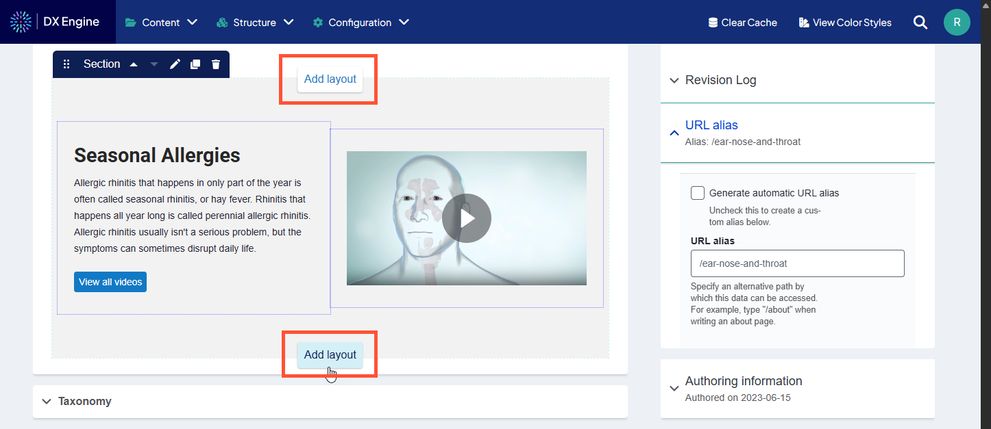 A sample HealthHub article in Edit mode showing two Add layout buttons revealed on a section. The mouse cursor is hovered over the bottom Add layout button.