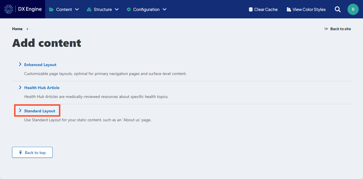 Screenshot of the Add content screen with Standard Layout highlighted.