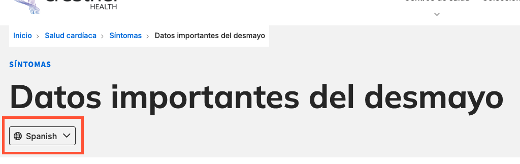 Screenshot of a sample Spanish article header. The Contextual Language Selector sits below the article title. This can be changed to translate the article text to something else while keeping the site navigation the same.