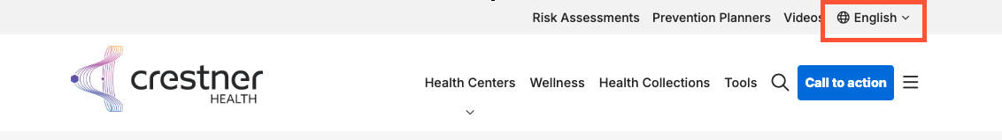 Screenshot of the header section of a demonstration HealthHub site. The Global Language Switcher is highlighted in the top right. It displays a globe icon, then the current language (English), and a dropdown arrow indicating it can be clicked to show other options.
