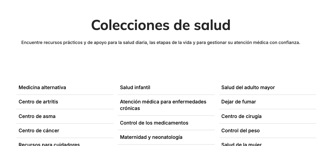 Screenshot of a sample collections page in Spanish. All topics and text are displayed in Spanish.