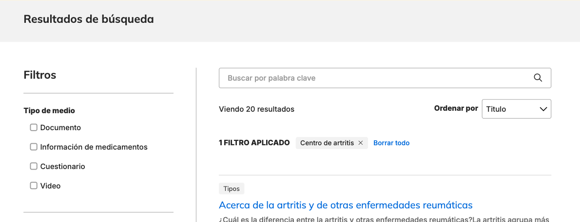 Screenshot of a sample search results page in Spanish. The search results are pre-filtered for Centro de artritis. 