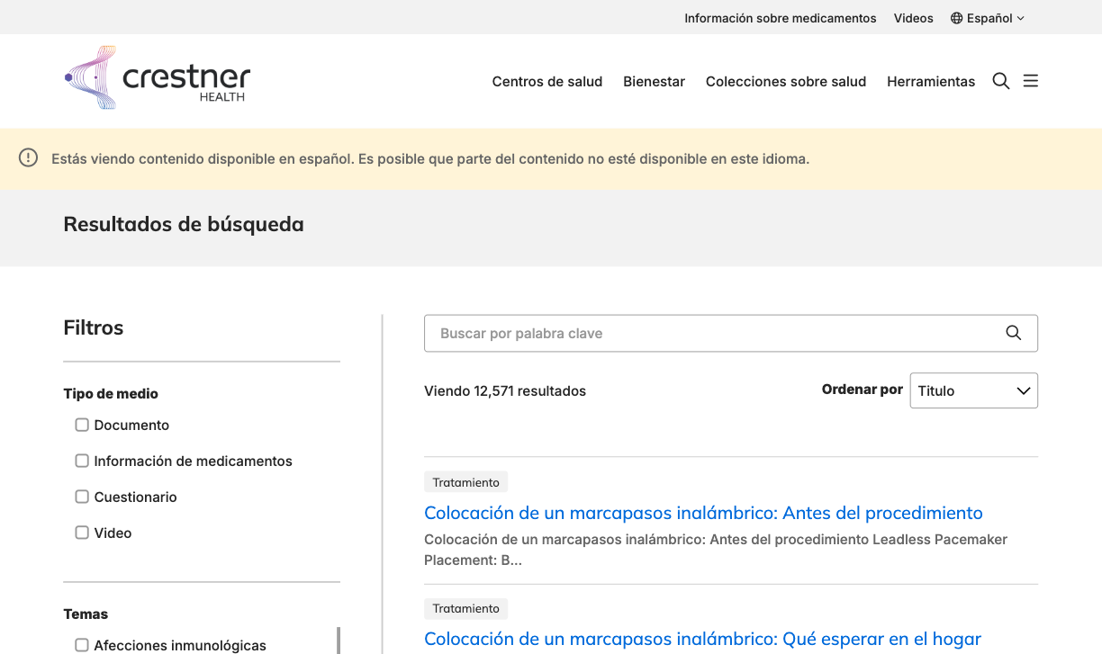 Screenshot of a sample HealthHub search page with the Global Language Switcher set to Espanol (Spanish). The navigation menus, page header, search filters and search results are all displayed in Spanish.