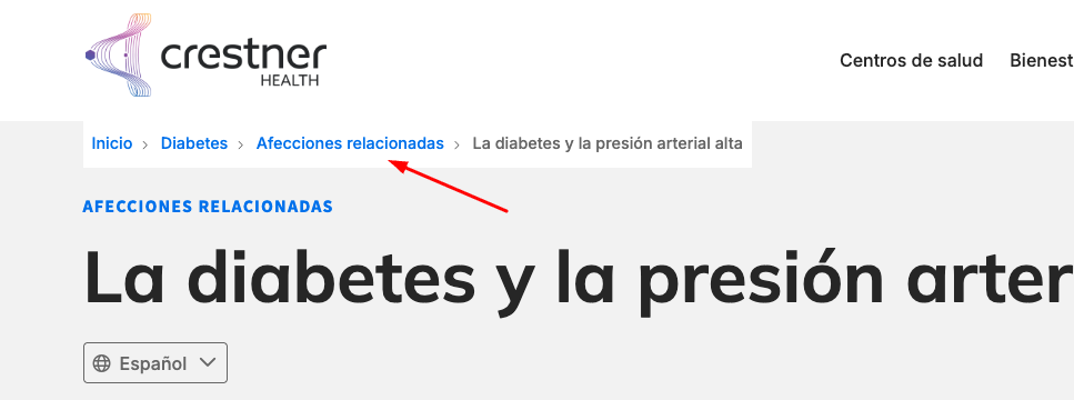 Screenshot of a sample HealthHub article in Spanish. There is an arrow pointing to the breadcrumbs, which are accurately displaying in Spanish.
